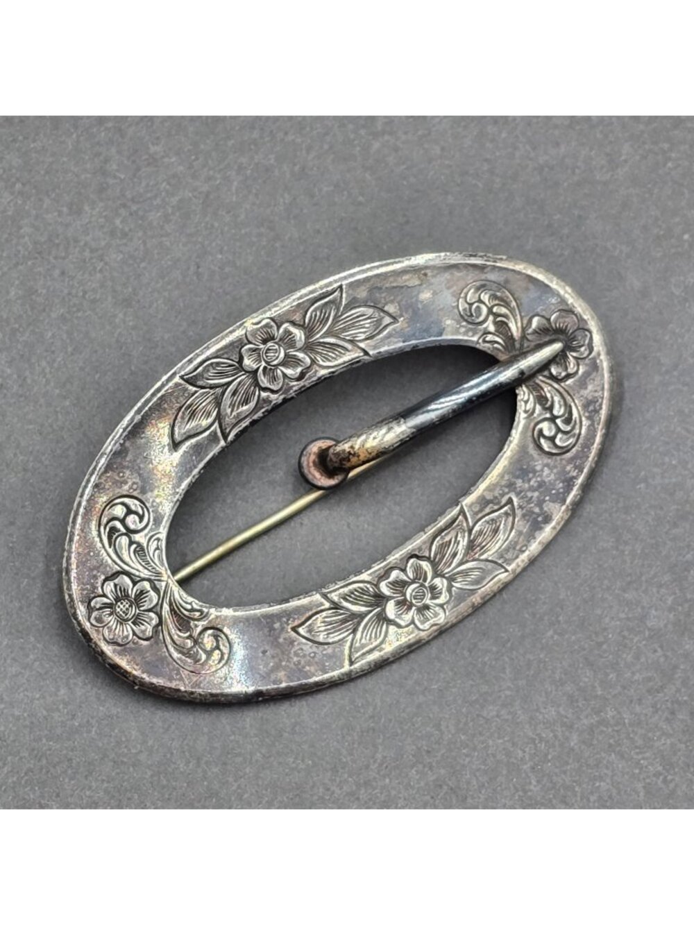 Antique Victorian Silver Oval Belt Buckle Brooch 3" Embossed Floral Accents